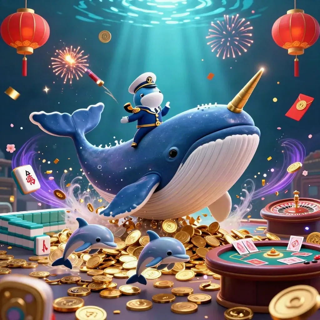 Whale captain, narwhal, and dolphins amid casino relics in glowing underwater luxury.
