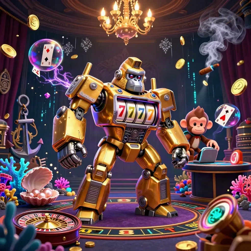 Golden gorilla mech and monkey pilot in a neon casino treasure cove with coins, coral, and brass.