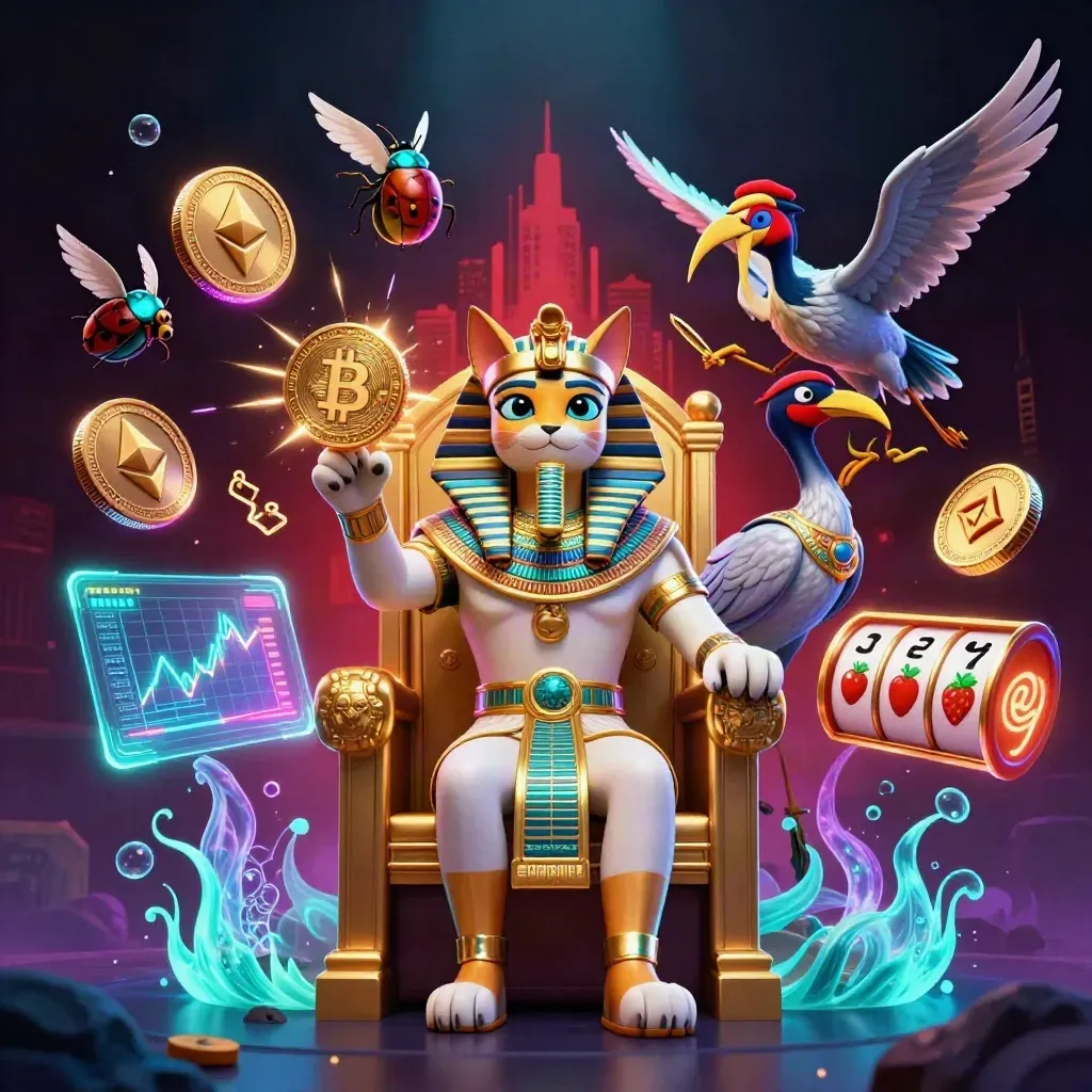 Pharaoh cat, ibis scribe, and gem-wing scarabs amid crypto and casino effects.