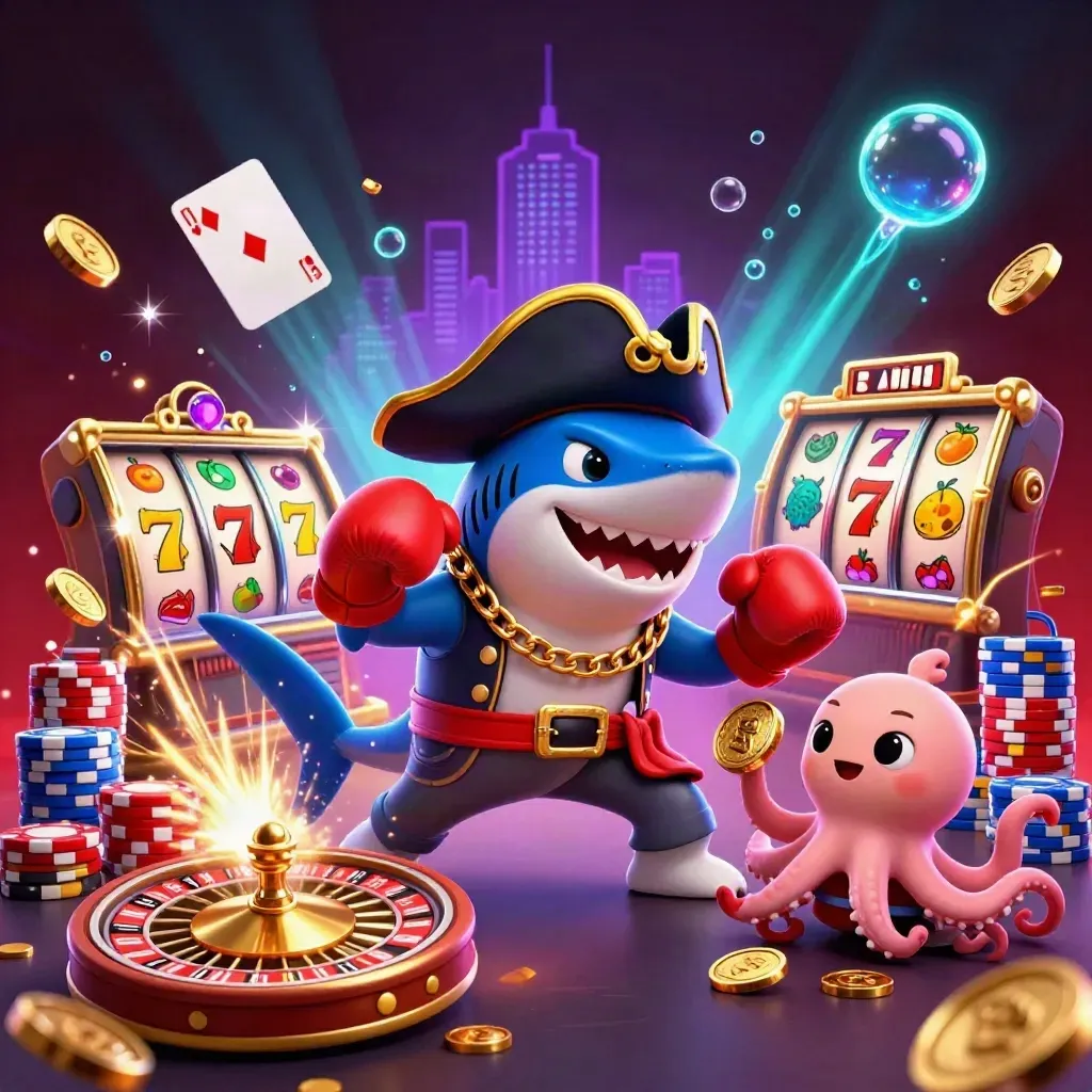 Shark pirate, boxing pufferfish, and juggling octopus burst coins and gems in neon casino chaos
