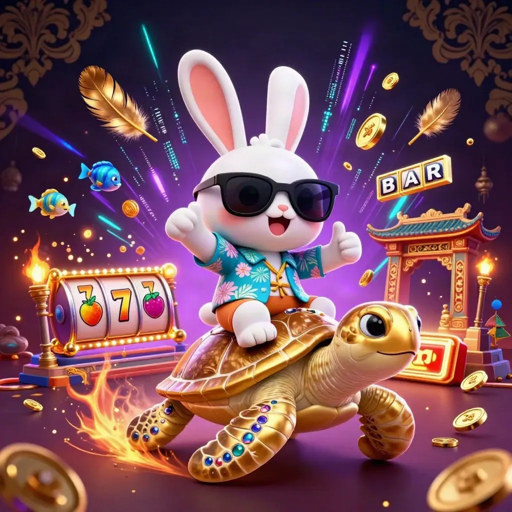 Lucky rabbit rides gem-shell turtle amid neon casino magic and tropical fish