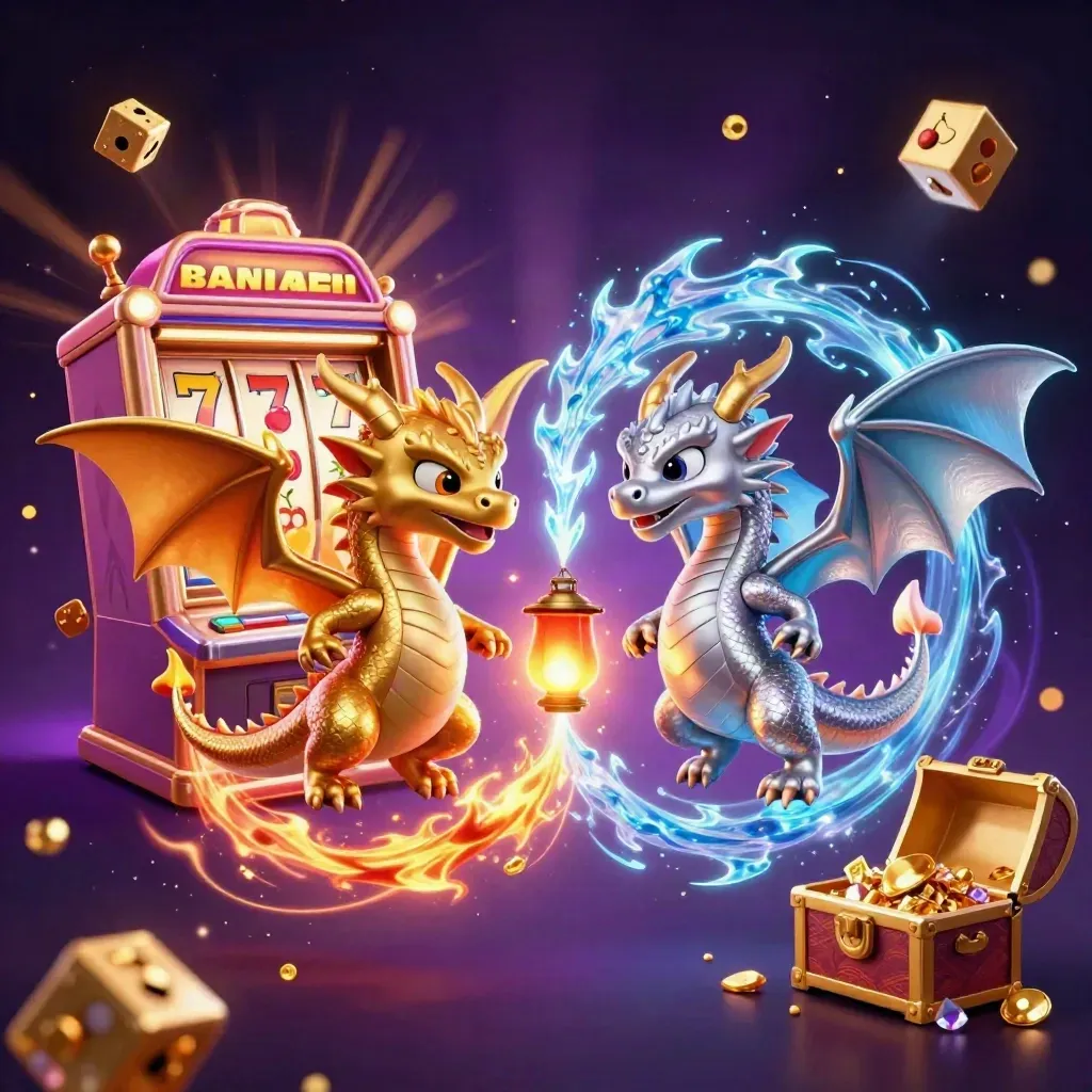 Twin gold and silver dragons spiral with loot, dice, and a bursting slot machine in neon space.