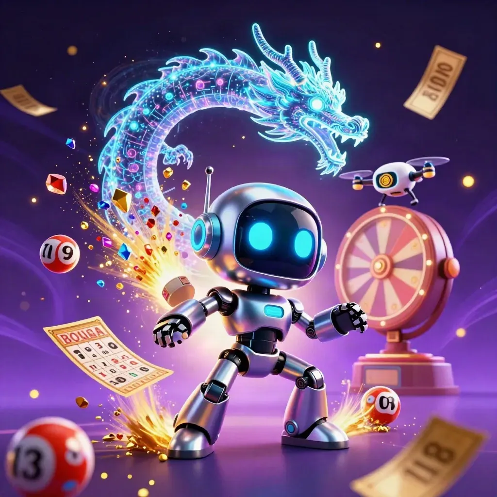Robot mascot, hologram dragon, and drone amid casino props and violet cosmic energy.