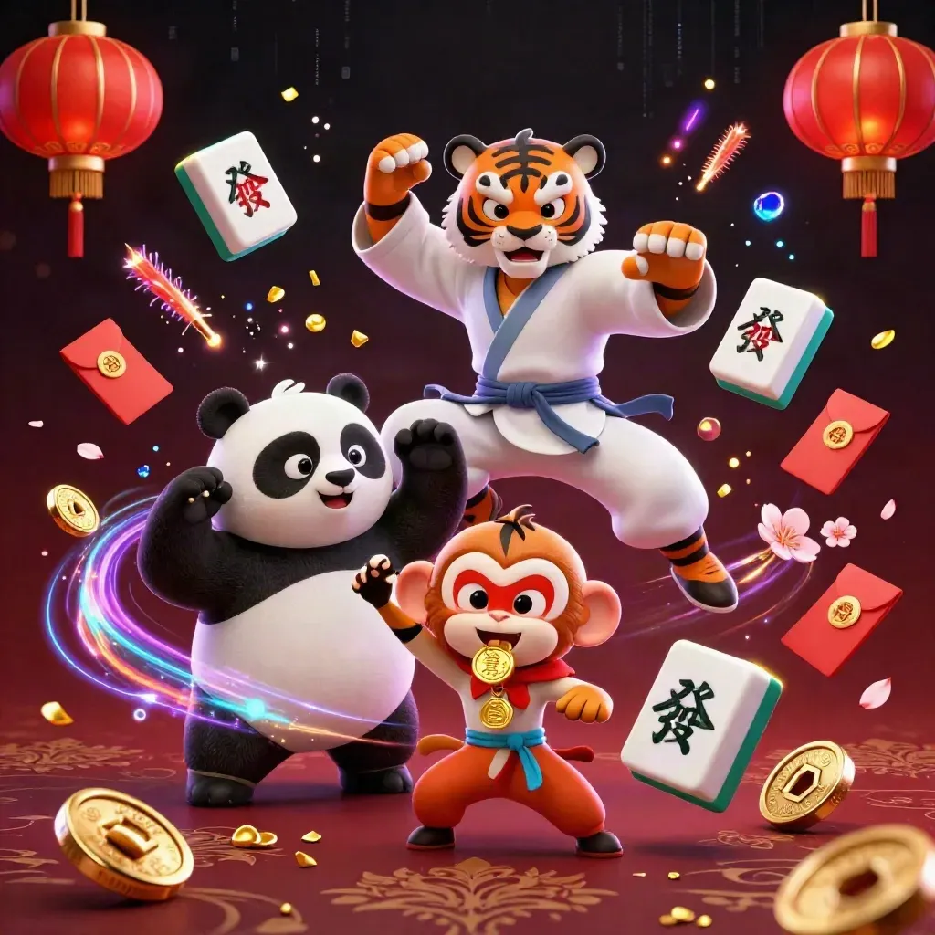 Tiger master, panda disciple, and monkey student amid neon casino magic and flying gold tokens.