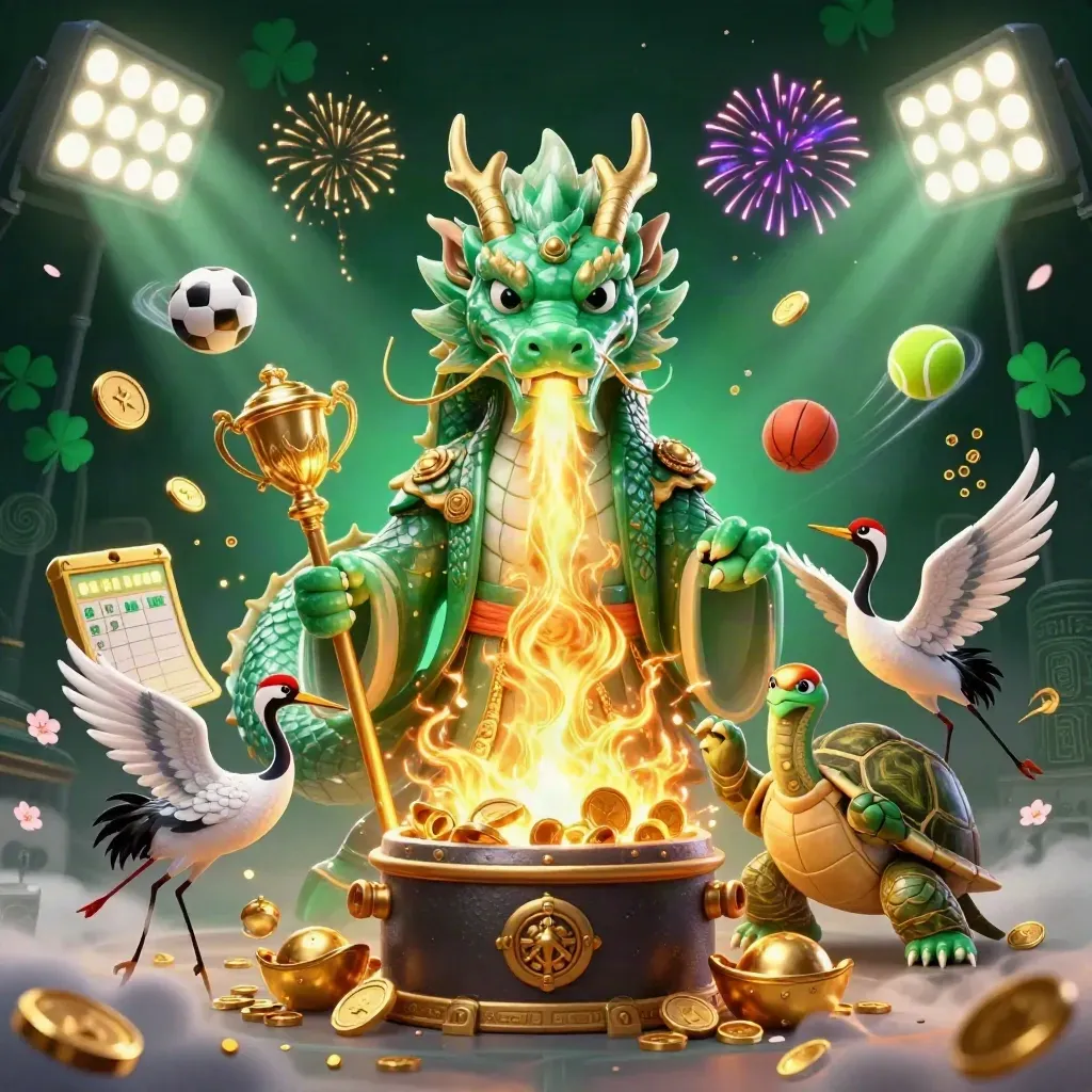Jade dragon, sage turtle, and cranes amid coins, fire, trophy, and neon casino magic.