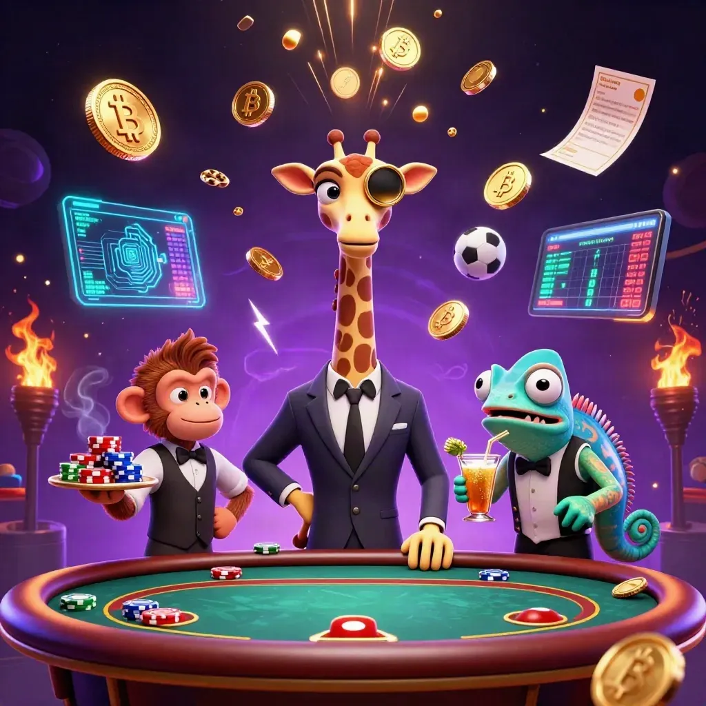 Suit-wearing giraffe, monkey valet, and chameleon bartender amid coins, lightning, and casino energy.