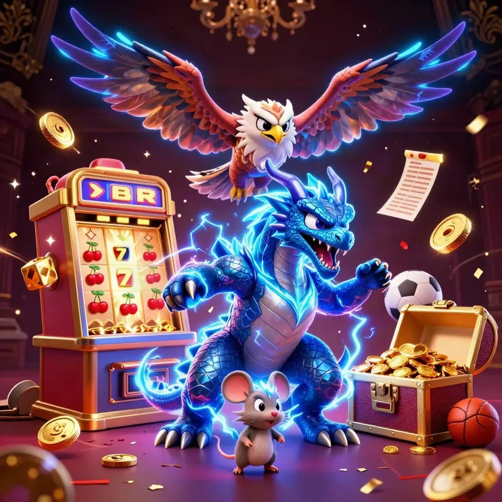 Thunder dragon, wind hawk and thunder-mouse amid slot burst, treasure coins and sports props