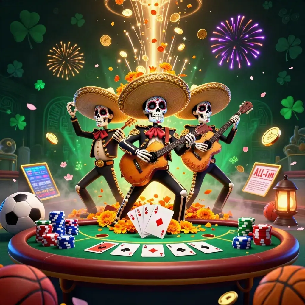 Day-of-the-Dead skeleton mariachi trio amid casino coins, chips, and fireworks in neon mystic glow.
