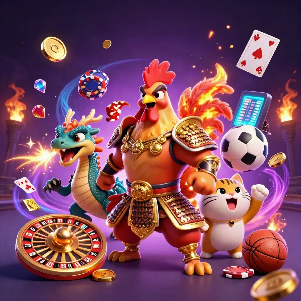Rooster warrior, dragon hatchling, and fortune-cat amid coins, gems, and neon casino magic.