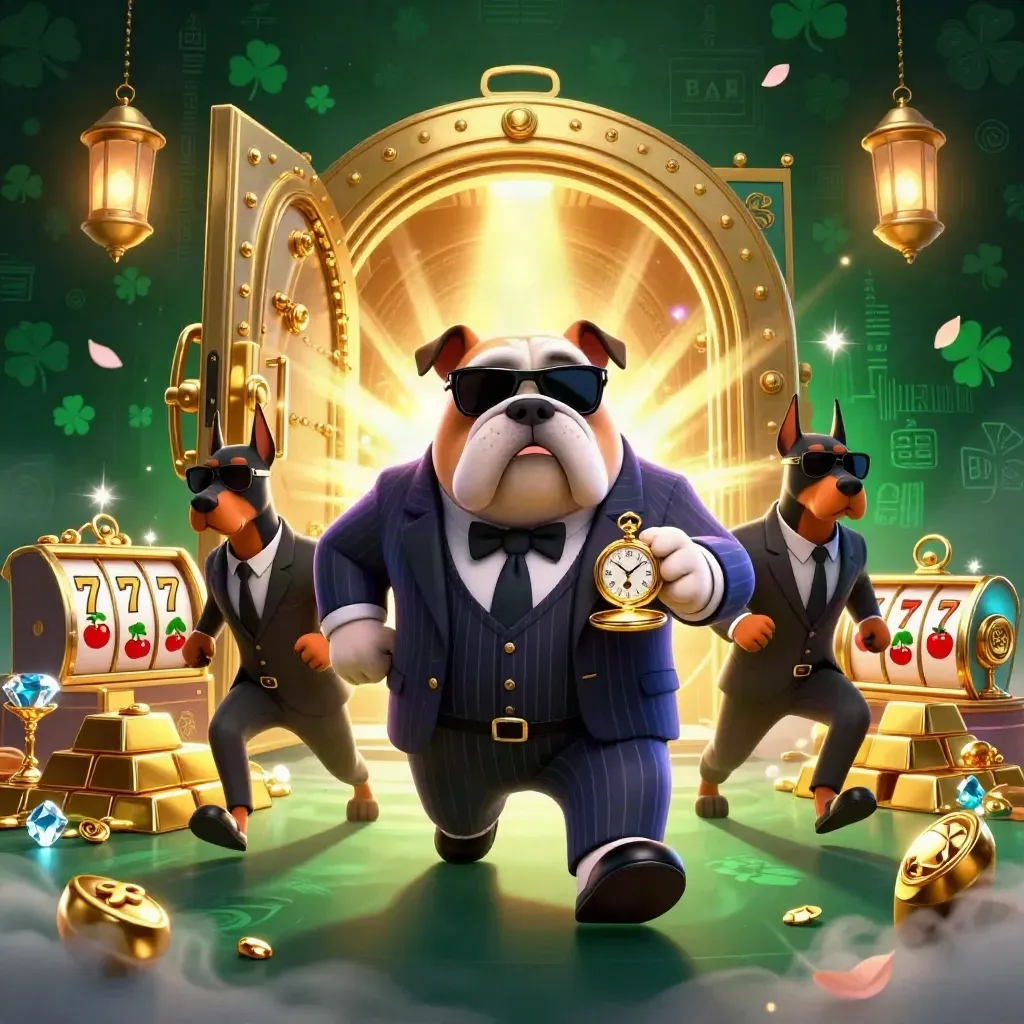 Mob bulldog and Dobermans burst from a glowing vault with gold, gems, reels, and petals.