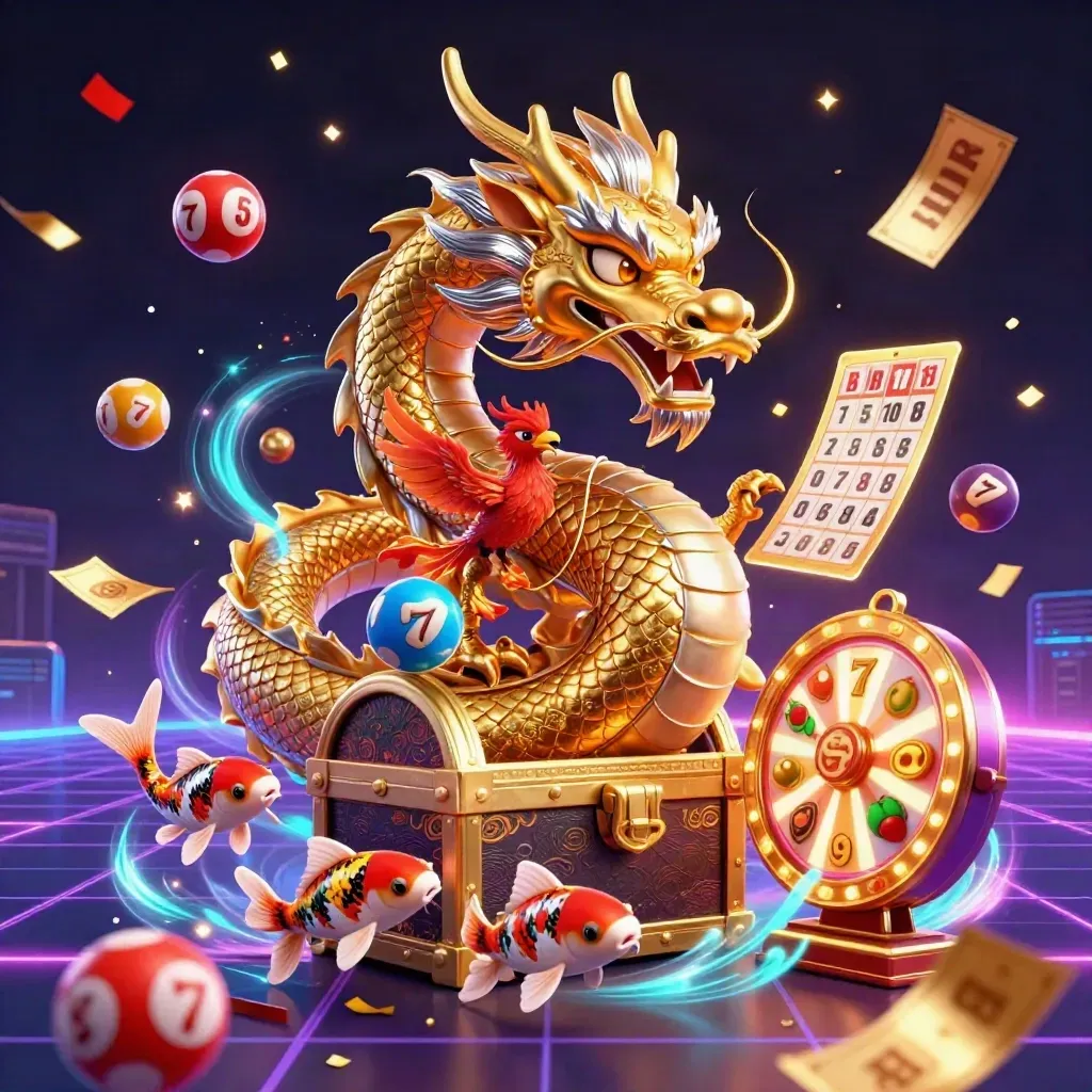 Golden dragon with phoenix, koi, and casino charms exploding in neon light