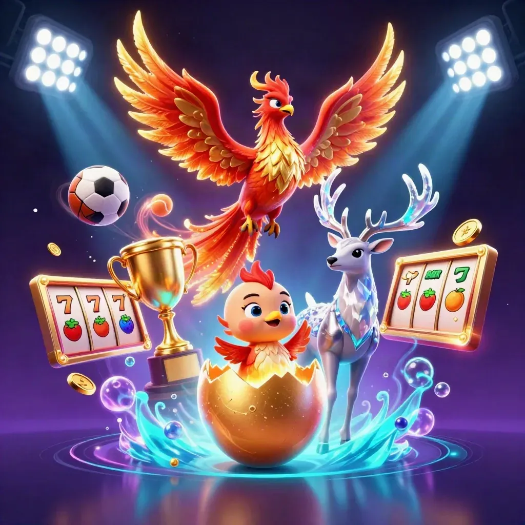 Fire phoenix, hatchling, and crystal stag amid casino lights, coins, and neon magic.