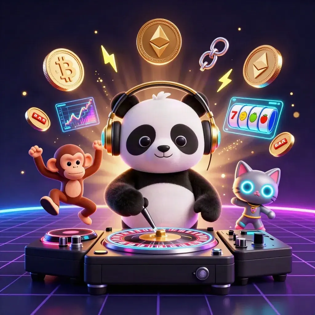 Neon casino key art: panda DJ, dancing monkey, and rave kitten amid crypto effects