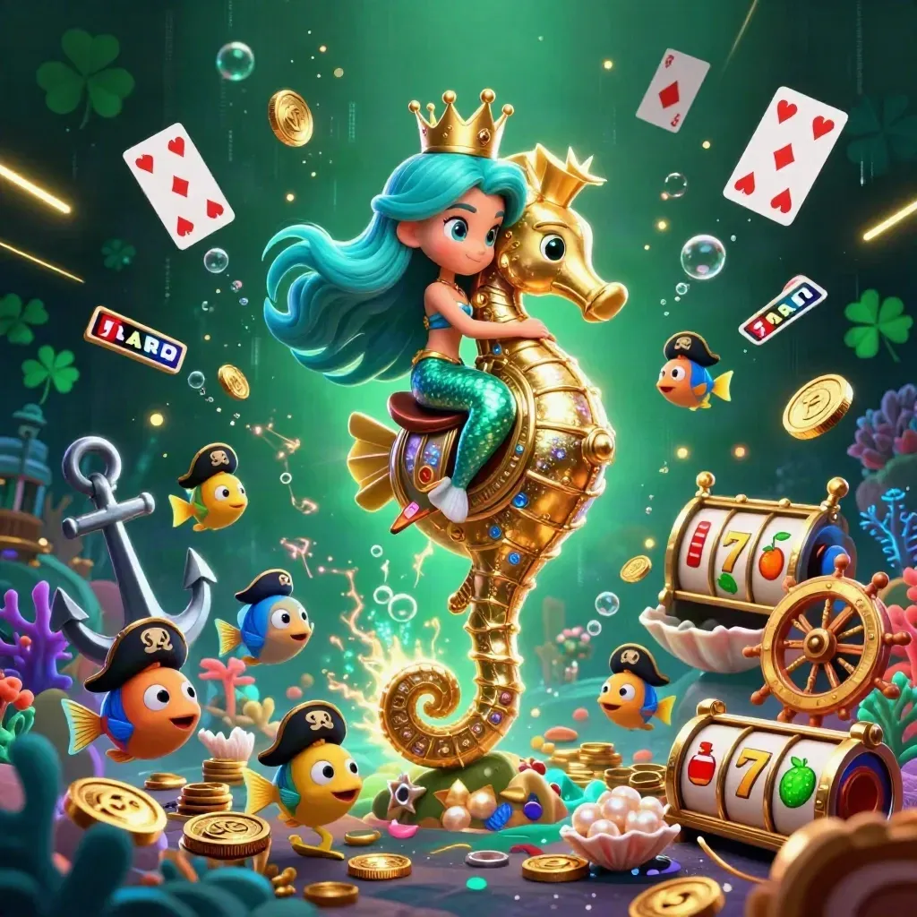 Mermaid princess on an armored seahorse amid coins, coral, cards, and neon casino effects.