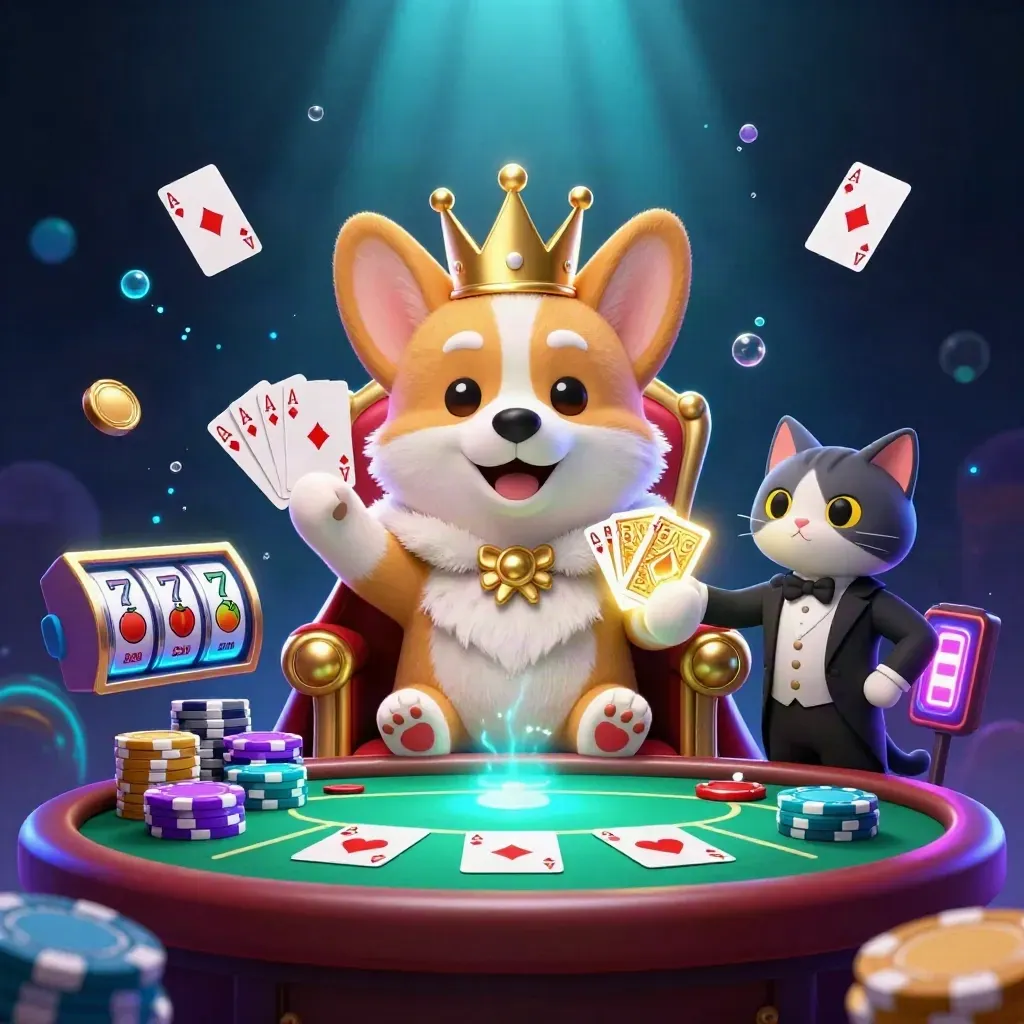 Royal corgi and cat butler on chip throne amid reels, chips, aces, and cyan-violet casino glow.