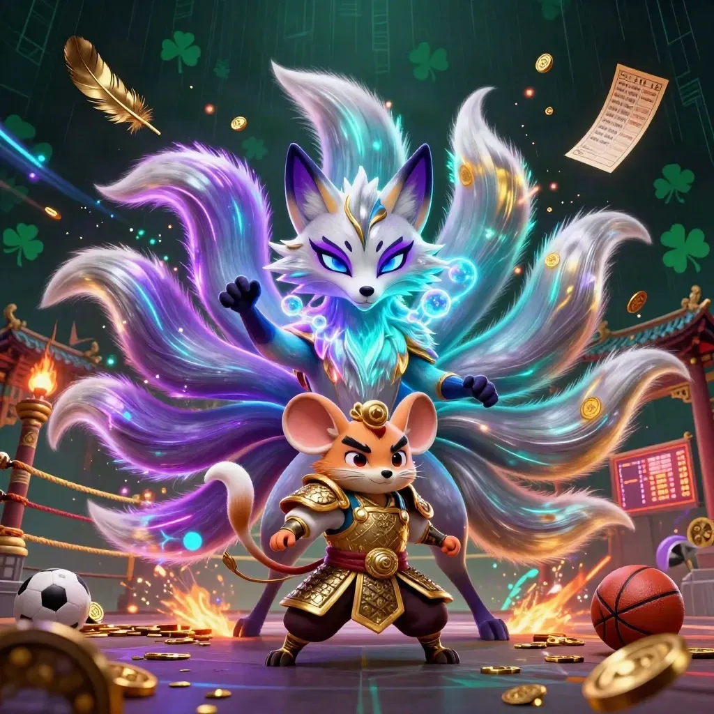 Fox spirit and armored mouse amid neon casino relics, coins, ball, slip, and scoreboard