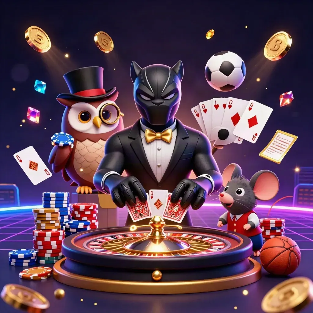 Panther, owl, and mouse amid casino chips, gold coins, and neon esports glow
