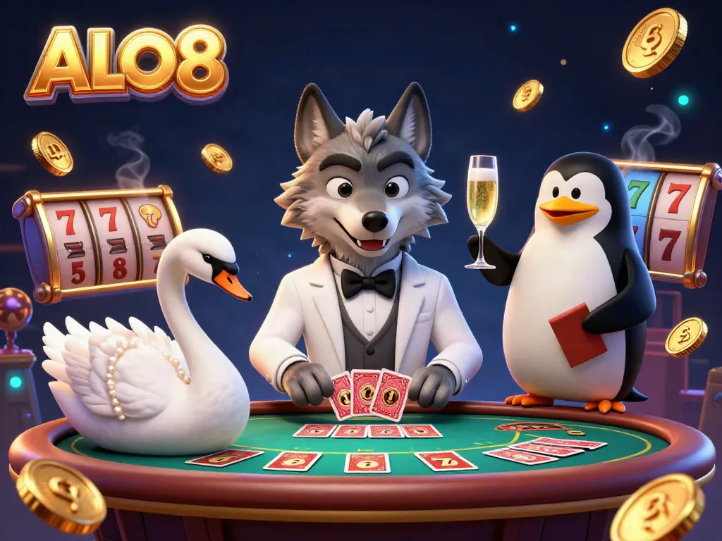 Engaging scene of ALO8 casino with a debonair wolf, elegant swan, and penguin sommelier amid vibrant gambling elements.