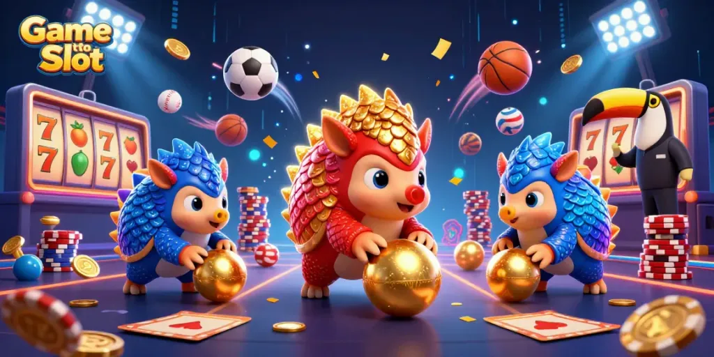 Kembangkan strategi dalam Game Toto Slot dengan gambar menghibur pangolin bersaing dalam suasana kasino.