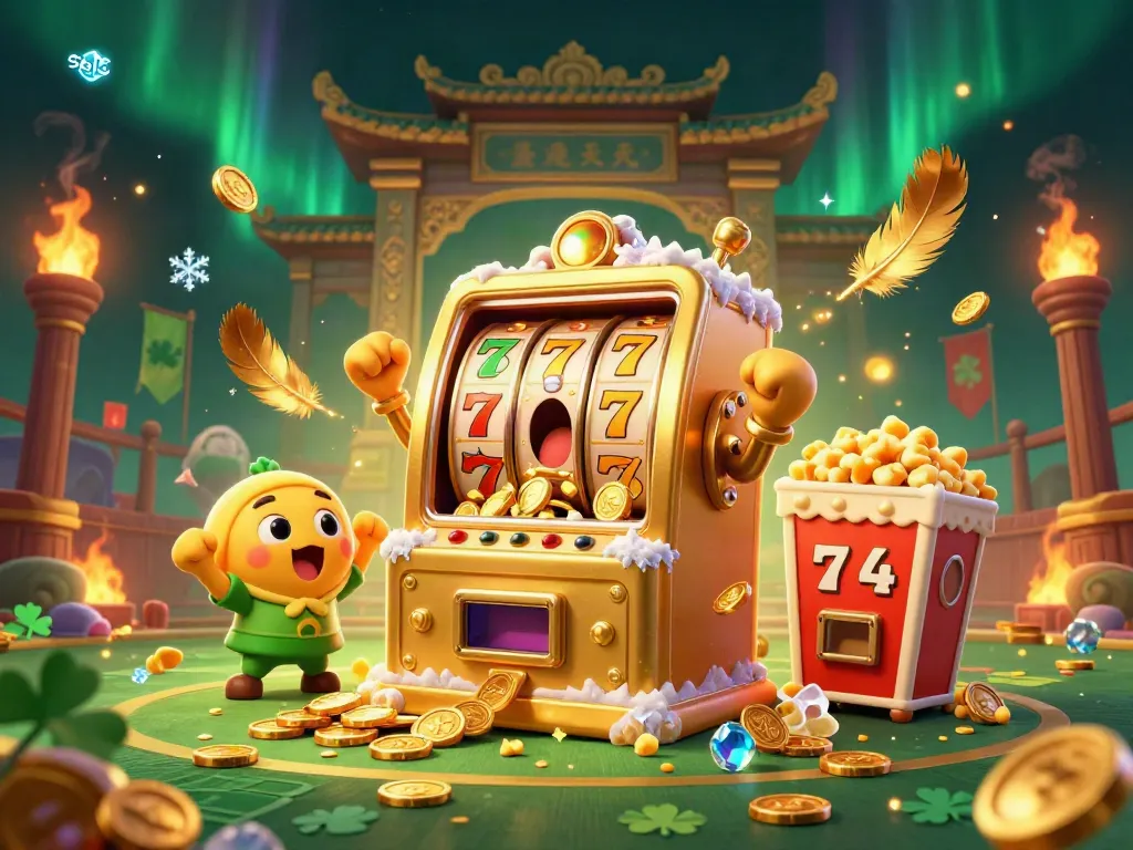 Cheering baby slot machines celebrate with a golden slot machine hitting a jackpot in this vibrant casino illustration.