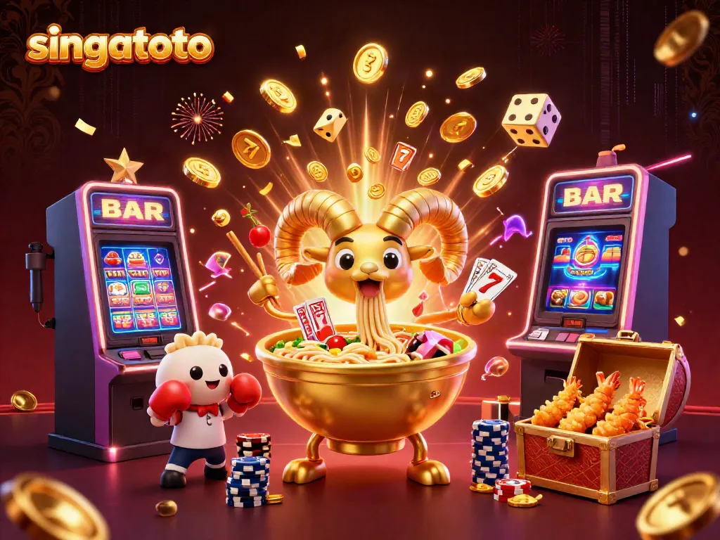 Experience the excitement of singatoto with a lively scene featuring a golden ramen bowl dealer amidst casino elements.