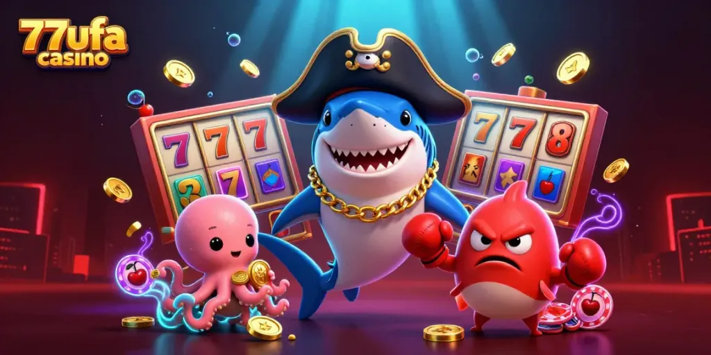 Engage with thrilling 77ufa casino moments featuring a dynamic pirate shark, pufferfish, and octopus in colorful action.