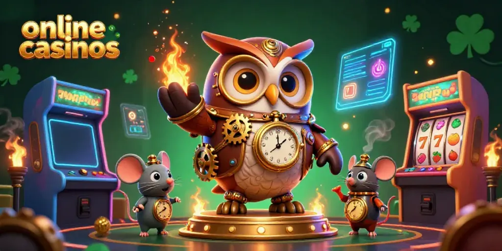 Engaging 3D scene of time-traveling owl and clockwork mouse showcasing online casinos with colorful gaming machines.