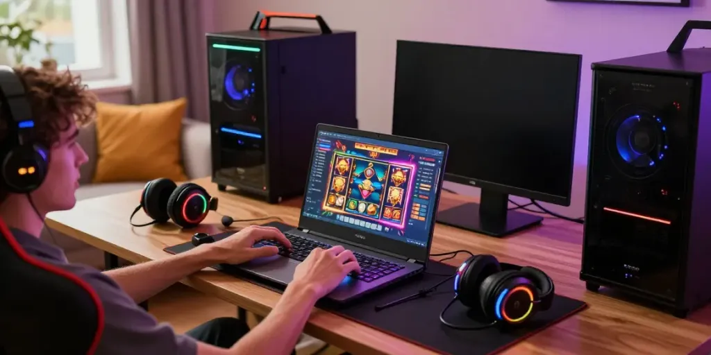 Engaging gaming setup showcasing a player exploring link poka88 slot games with vibrant accessories in a cozy space.
