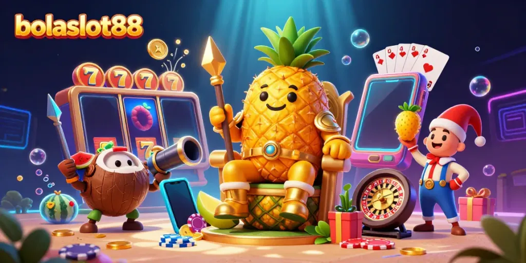 Bolaslot88 showcases a vibrant scene with the golden pineapple king and casino elements, illustrating fun gaming experiences.