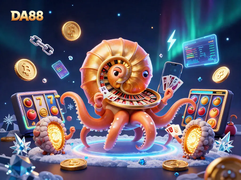Win big with DA88's captivating casino adventure featuring a giant nautilus and glowing card companions amidst vibrant gaming elements.