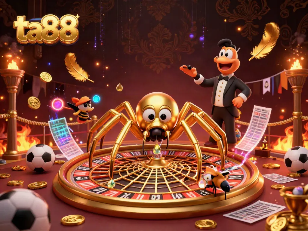 Experience ta88 action with a golden spider and centipede croupier spinning a roulette web amidst betting slips and sports elements.
