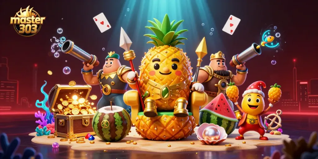 Master303 menghadirkan raja nanas emas 3D dalam ilustrasi kasino, memeriahkan permainan di pantai.