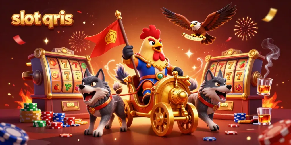 Engaging slot qris action featuring a rooster warlord and dynamic casino elements in a vibrant scene.