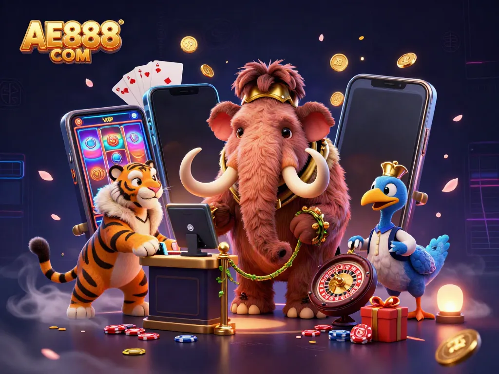 Experience excitement with AE888 COM in a colorful casino-themed illustration featuring a woolly mammoth bouncer.