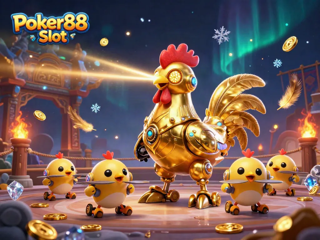 Engage in thrilling gameplay with Poker88 Slot featuring a retro-futuristic golden rooster and epic game elements.