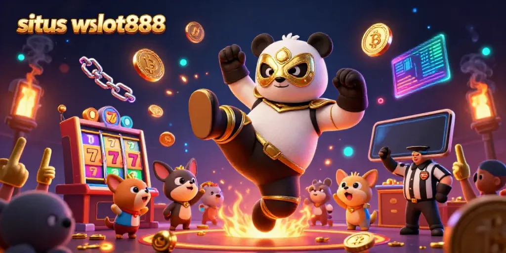 Gambarkan situs wslot888 dengan panda pegulat melakukan kick, dikelilingi elemen slot yang menarik.