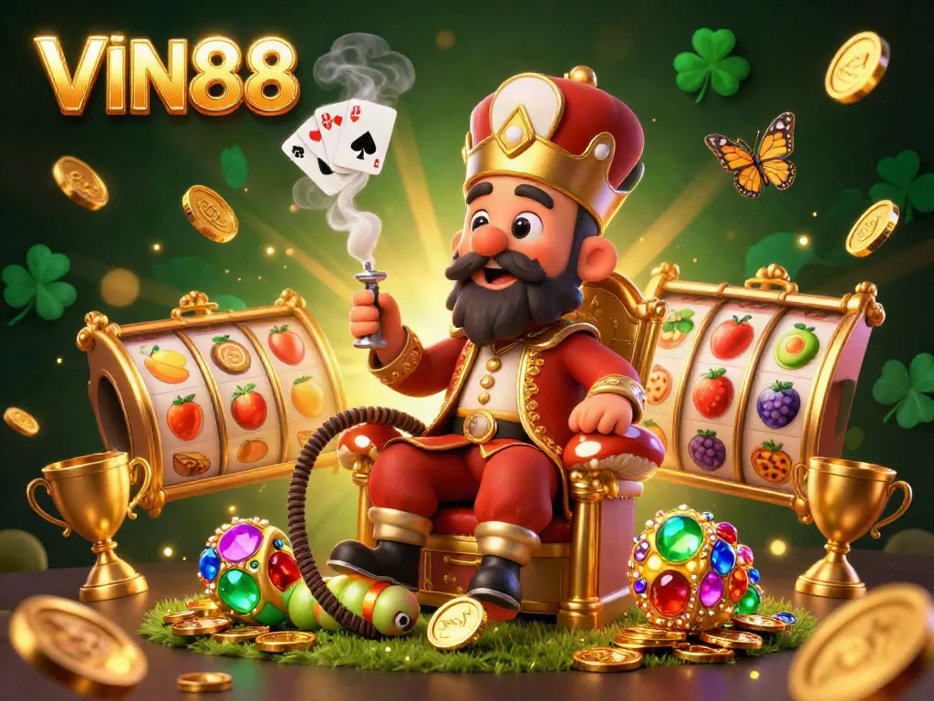 Win big at VIN88 with this vibrant 3D casino illustration filled with exciting slot elements.