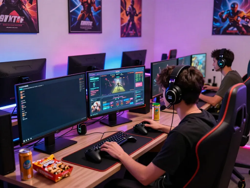 Engaged player at a gaming station showcasing qqmacan online game interfaces and vibrant atmosphere
