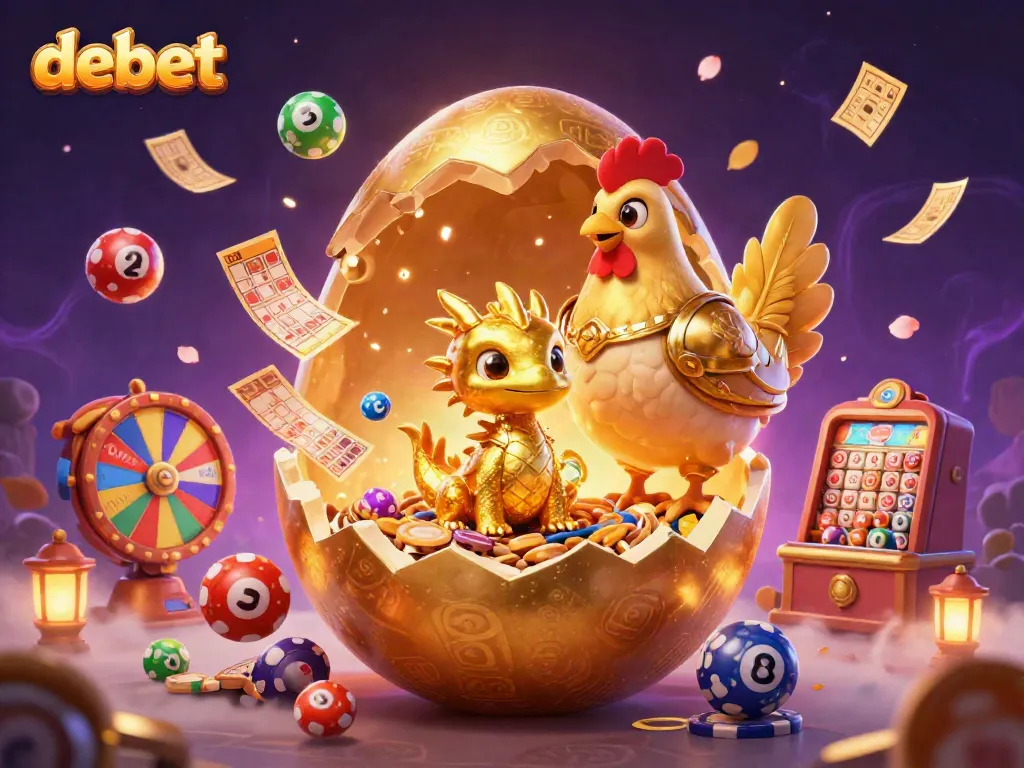 Experience thrilling wins at debet with a golden baby dragon, poker chips, and dynamic game elements.