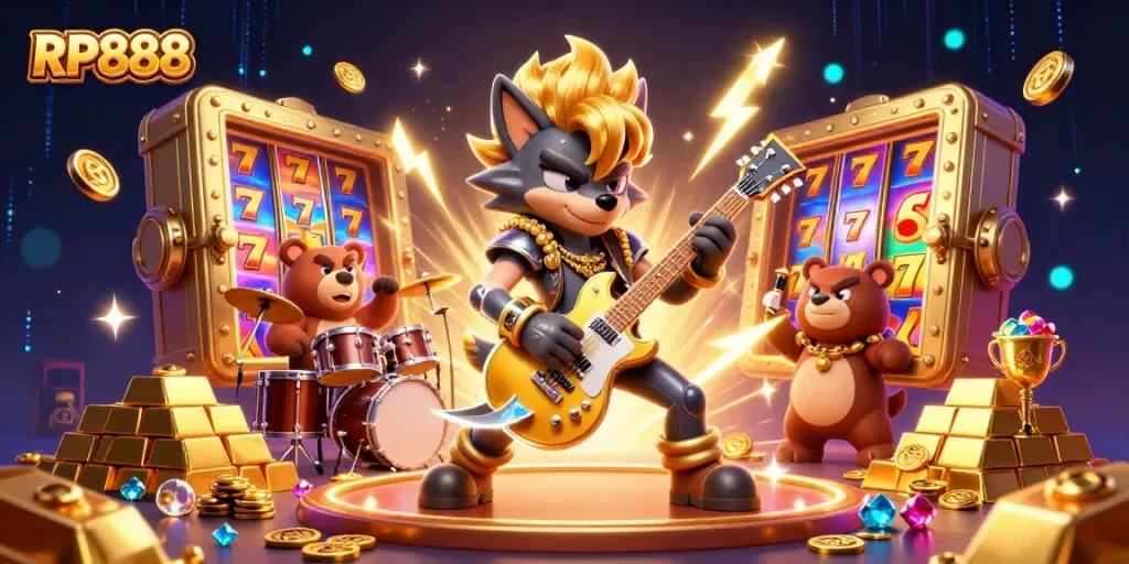 Experience RP888 through exciting slot action featuring a rock star wolf and a wild bear in a vibrant casino setting.