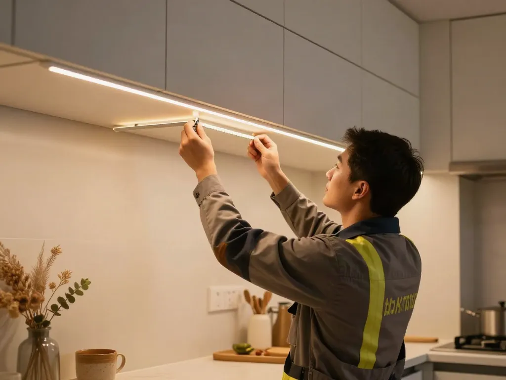 Instalare banda led cob de către un electrician profesionist în servicii de iluminat local.