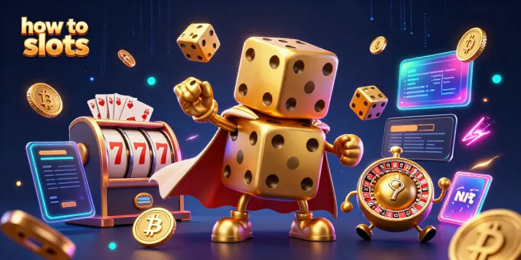 Engaging visual showcasing how to play slots with an animated golden dice golem, vibrant game elements, and cryptocurrencies.