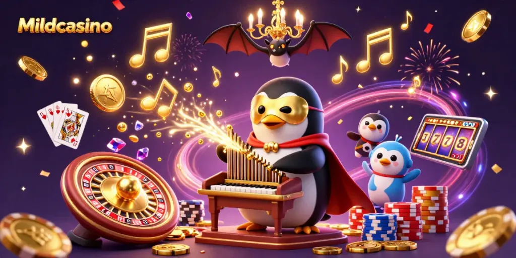 Mildcasino: Join the thrilling casino adventure with golden coins and magical energy around a charming penguin