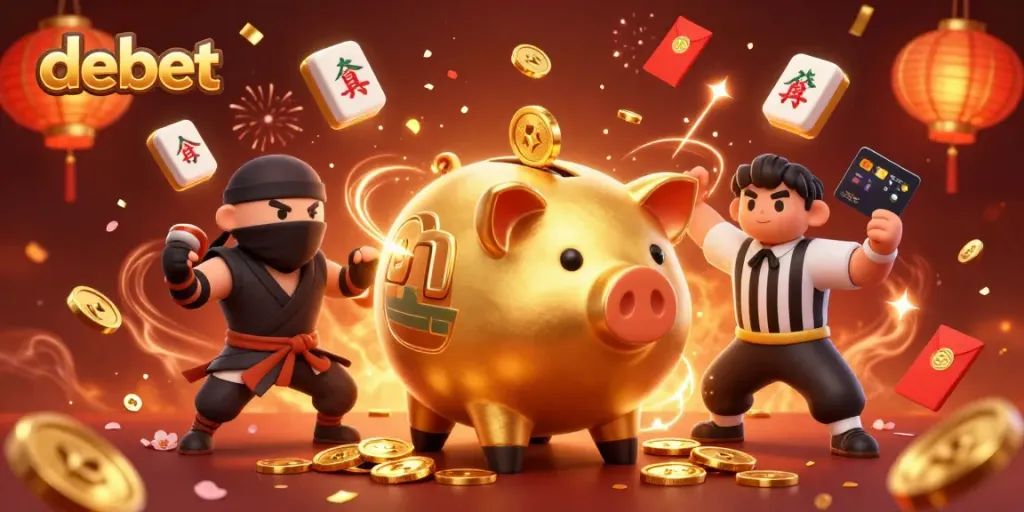 Engaging scene with debet characters celebrating, surrounded by casino-themed elements and festive decor.