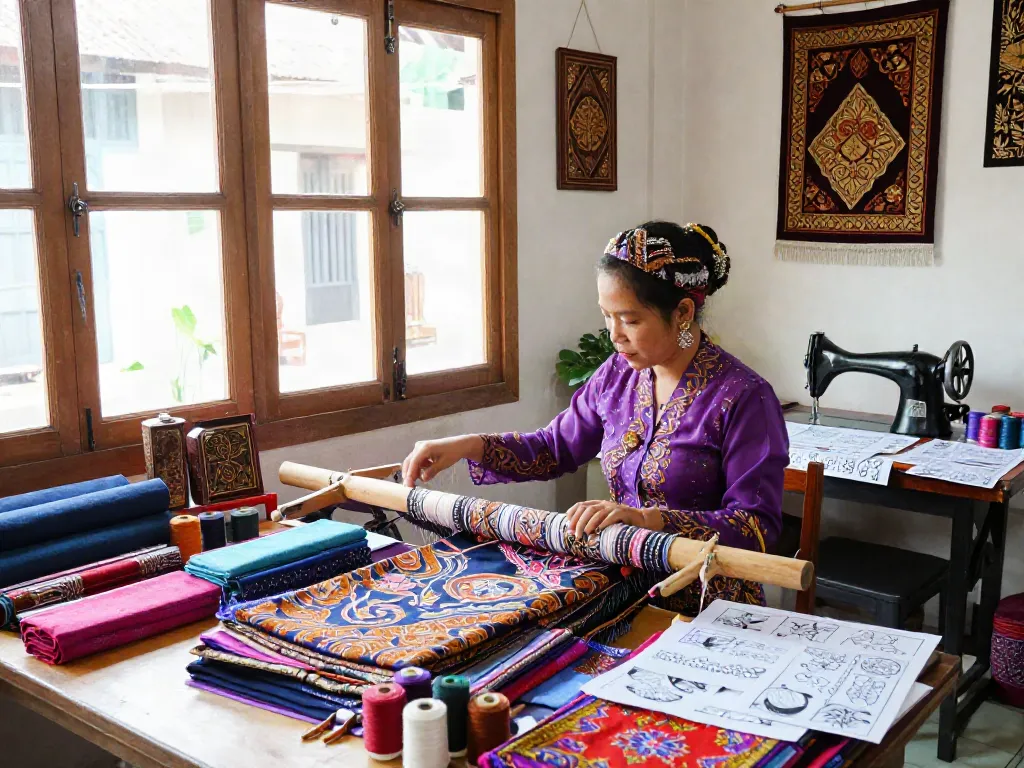 Nyonya4D artisan showcasing vibrant Peranakan clothing in a bright workshop.