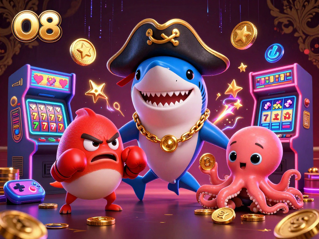 Engage in exciting casino adventures with O8 featuring cartoon characters and glittering game elements.