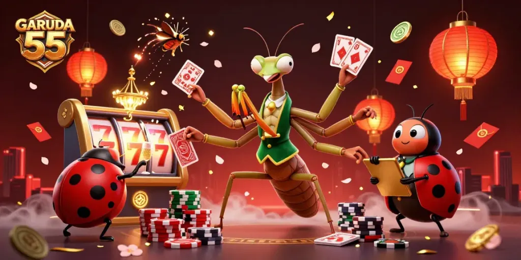 Experience GARUDA 55 at an energetic casino scene with vibrant elements and engaging characters.