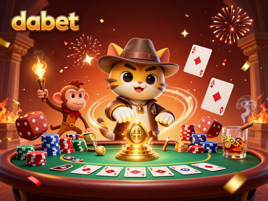 Experience the thrill of dabet with a cat archaeologist and a monkey companion in an exciting casino scene.