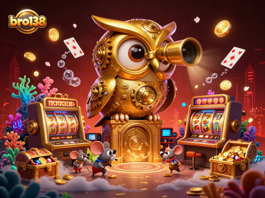 Experience the vibrant casino atmosphere of bro138 with a golden owl and lively action, featuring slot machines and treasures.