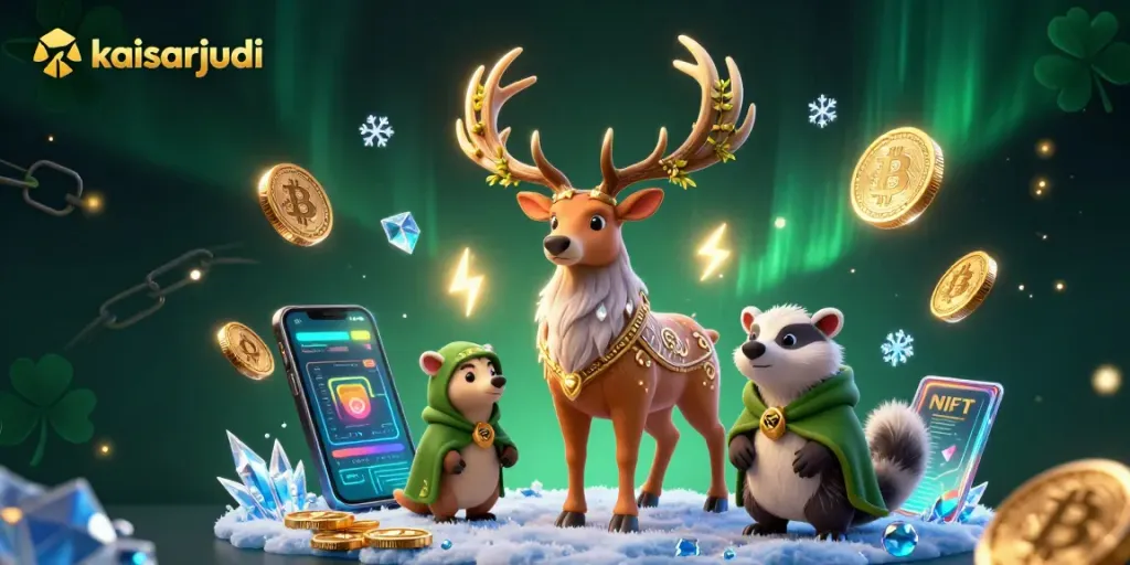 Kaisarjudi showcases a magical scene with a druid stag and a badger amid casino elements.